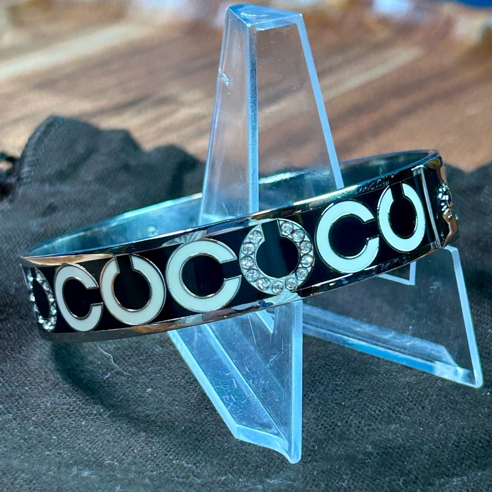 Coach Signature C Black White Crystal Silver Enameled Bangle Bracelet